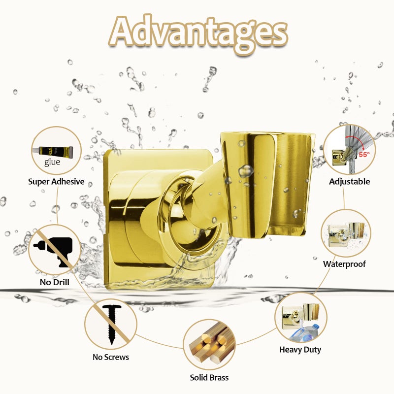YDmeet Shower Head Holder Handheld Shower Wand Holder Adjustable Shower Head Bracket Shower Wall Mount Holder, Polished Brass/Gold Finish, Drill Free Glue Installation - Image 4
